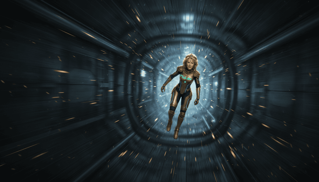 Una scena dinamica che mostra un'onda sonora di synth animarsi in un paesaggio urbano complesso e in evoluzione fatto di luce, che riflette l'energia della canzone.