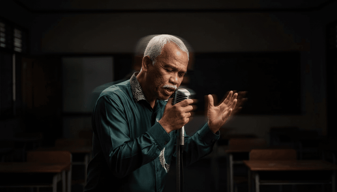 'Guru Selamanya.mp3'の歌詞とミュージックビデオのコンセプトを示すダイナミックなシーン。AIによるポップとバラード要素の創造的な解釈が示されています。