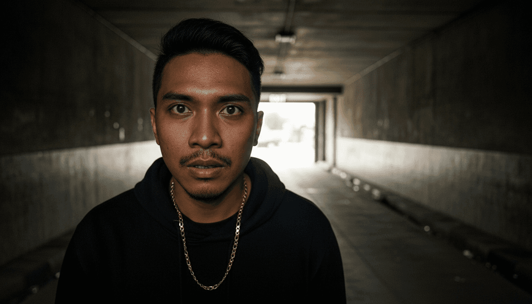 Um usuário interagindo com a interface do freebeat.ai, personalizando facilmente um videoclipe gerado por IA para MAFIA BAYANGAN.mp3, com visuais vibrantes na tela.