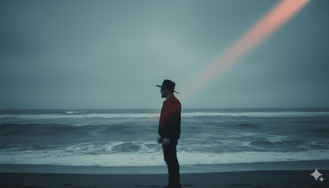 Una scena dinamica che mostra un paesaggio desertico che si trasforma con potenti battiti trap e scie luminose elettroniche, illustrando la traduzione visiva della musica.