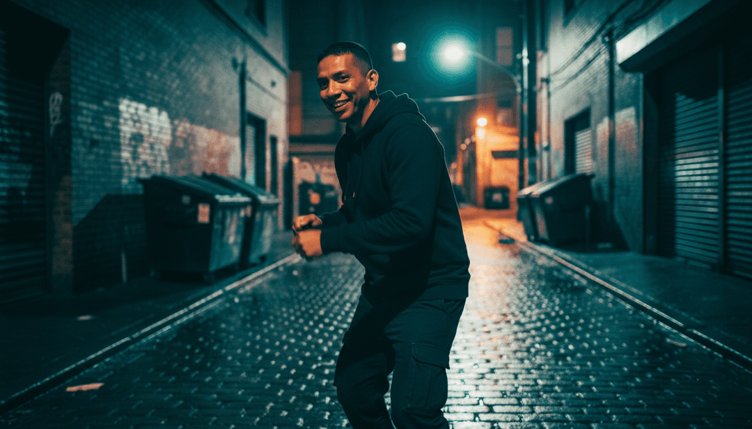 Um videoclipe de hip-hop finalizado sendo reproduzido em uma tela grande, vibrante e envolvente, com o logotipo da freebeat.ai sutilmente visível.