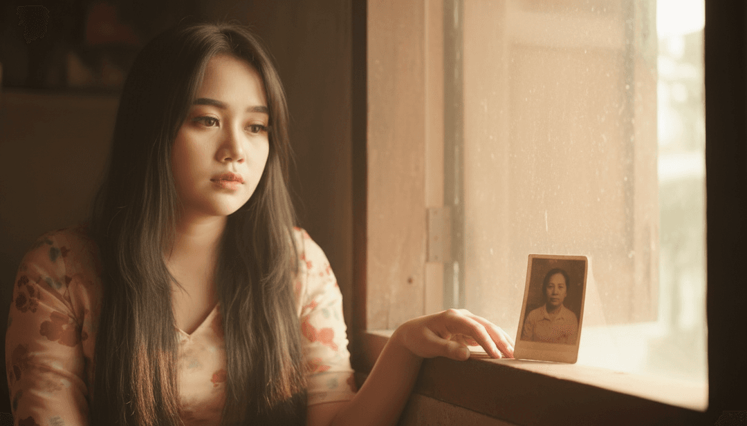 Animierte Visuals zeigen fließendes Wasser, traditionelle Muster und eine Silhouette, die ein Volksinstrument spielt, was die ruhige Stimmung des Liedes widerspiegelt.