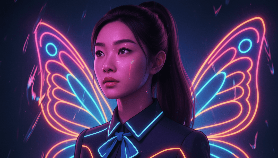 freebeat.aiによって生成された、나비스톰2_mixed 532.mp3の核となるエネルギーを反映した、エレクトロニックな音波がシンセポップのダンスパターンに変形する抽象的で鮮やかな視覚化。