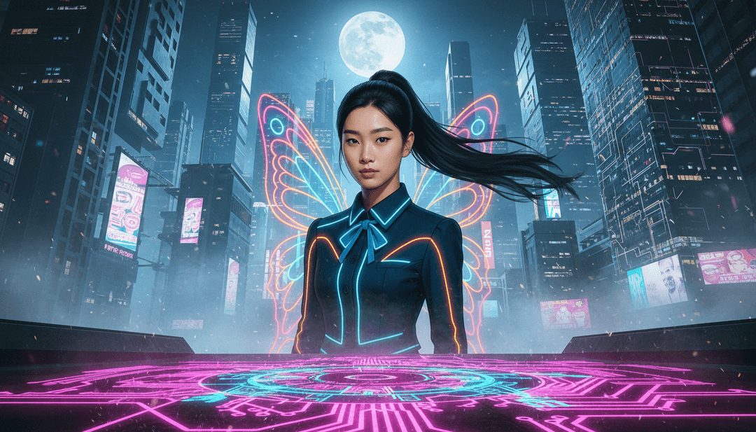 freebeat.aiの`MP3からMP4へのコンバーター`によって、ベースドロップがデジタルな海を横切る波紋に変形し、シンセアルペジオが未来的な都市景観を光の軌跡として形成するダイナミックな視覚表現。