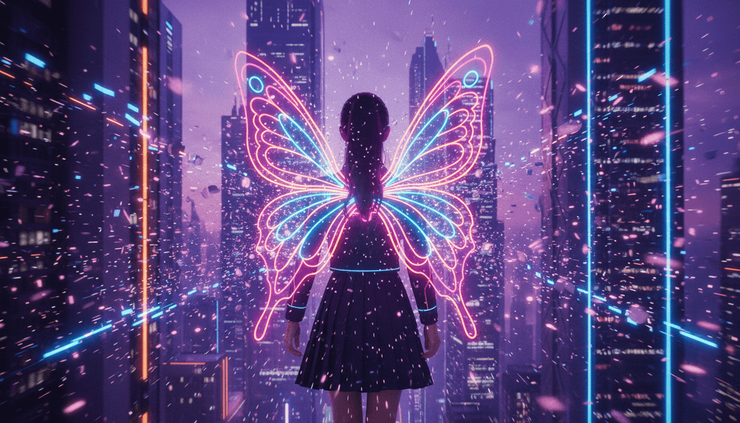 freebeat.aiの`ミュージックカバージェネレーター`を使った簡単な作成を示唆するユーザーインターフェース要素と共に、未来的なスクリーンで再生される나비스톰2_mixed 532.mp3向けの鮮やかで完成されたAI生成ミュージックビデオ。