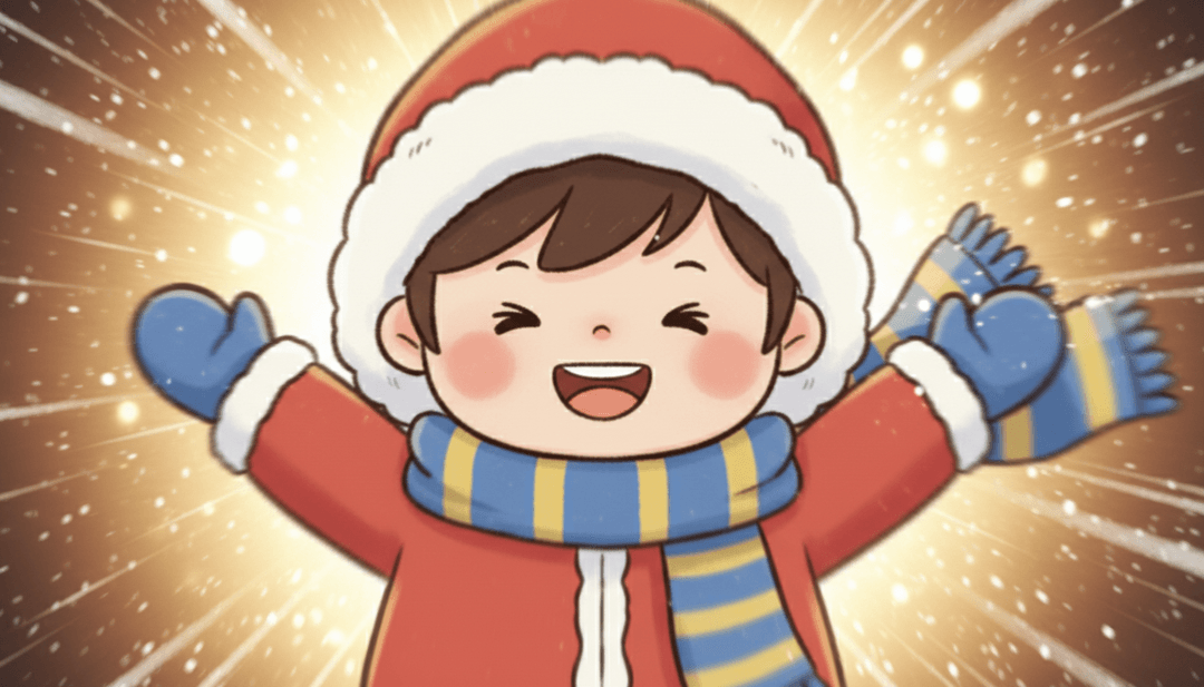 IA interpretando uma paisagem nevada com personagens de anime brincando, refletindo o clima caprichoso da faixa instrumental.