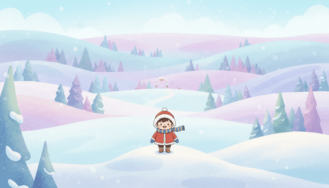 一幅動畫場景,孩子們在雪花皚皚、如夢似幻的柔和粉彩色調風景中玩耍,喚起冬日的歡樂。