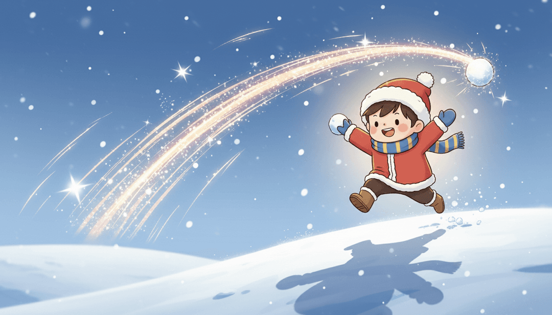 雪球緩慢爆炸的動態動畫,周圍環繞著閃閃發光的雪花顆粒,與音樂的漸強同步。