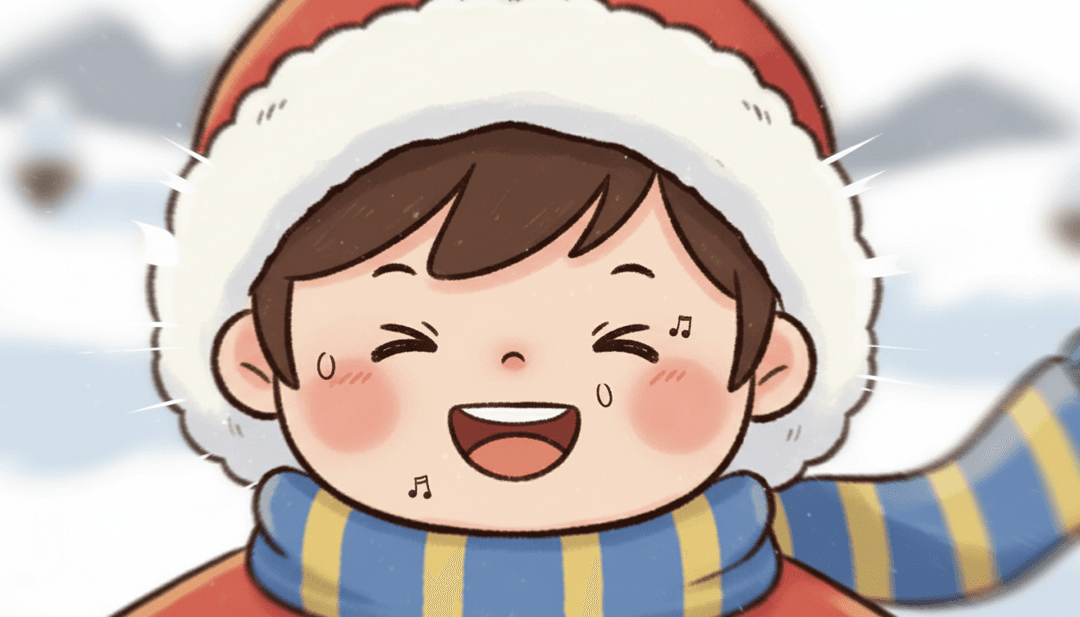 一个充满活力的冬日仙境的最终场景,展示了屏幕上播放的完整音乐视频,孩子们正快乐地观看。