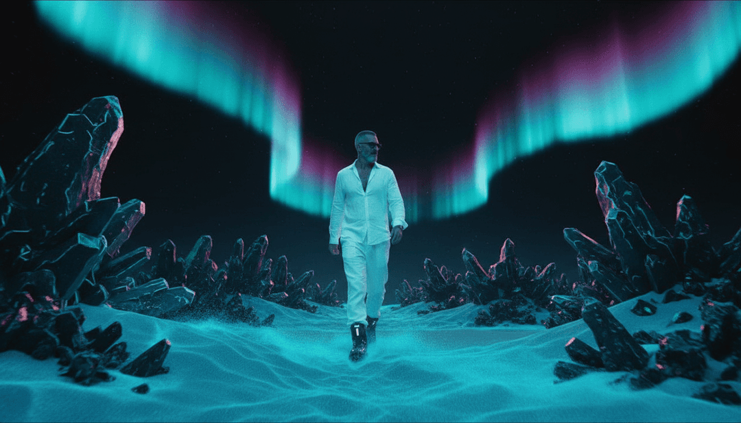 AI生成的梦幻景观视觉效果,反映 'Tutto è Gelato e Stelle (2).mp3' 歌曲,带有柔和的色彩和宇宙元素。