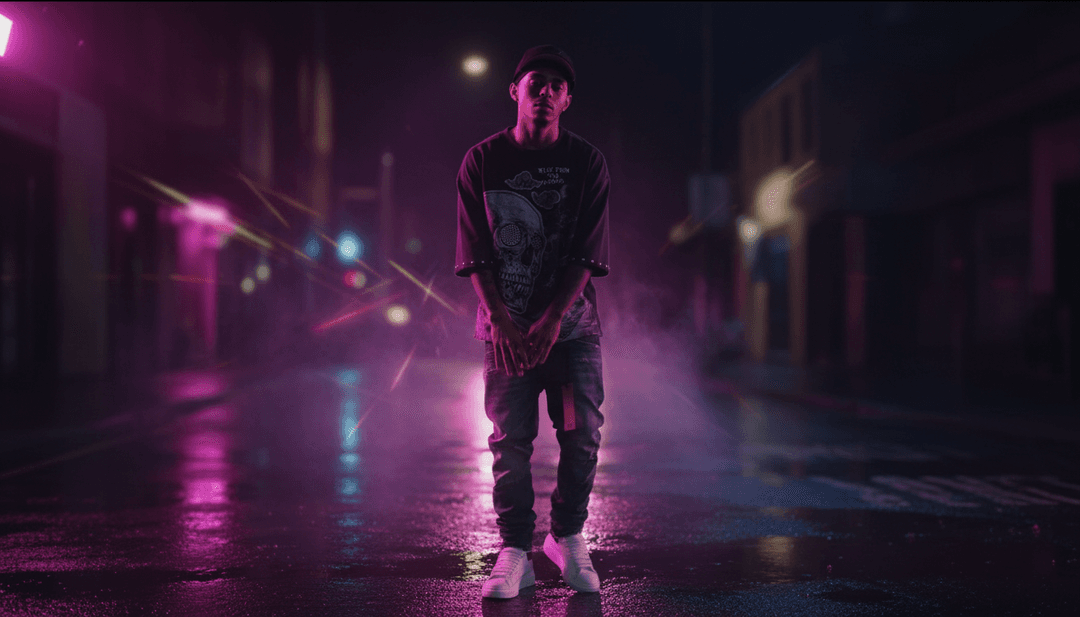 Visuais abstratos representando a fusão de ritmos Funaná e ondas de sintetizadores eletrônicos, ilustrando uma paisagem sonora vibrante.