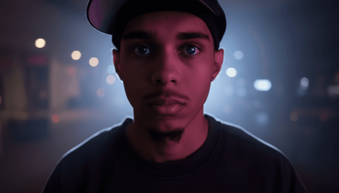 Um usuário interagindo alegremente com a interface intuitiva do freebeat.ai, com um videoclipe finalizado inspirado em Funaná e Afrohouse sendo reproduzido ao fundo.