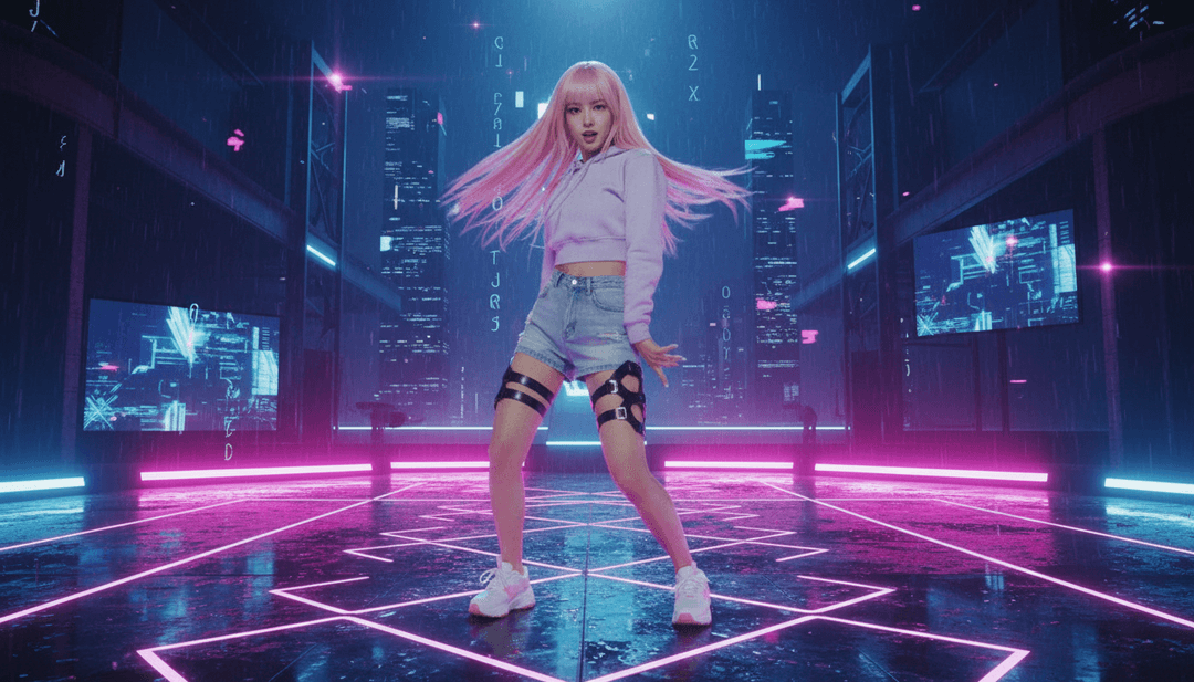 Una secuencia de baile KPop dinámica integrada con visuales de cazadores de demonios estilo anime, brillando con energía dorada, sincronizada con las ondas musicales generadas por freebeat.ai.