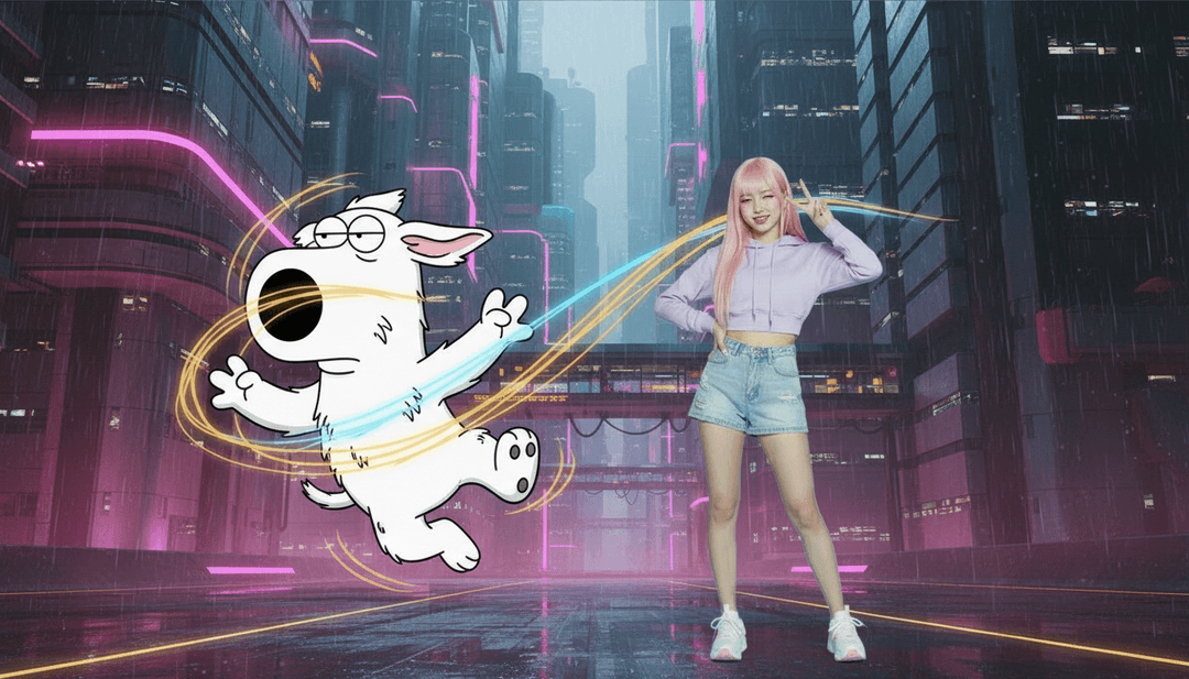 Un grupo diverso de músicos y creadores de contenido sonriendo, mirando una pantalla que muestra su propio video musical KPop generado a medida, impulsado por freebeat.ai.