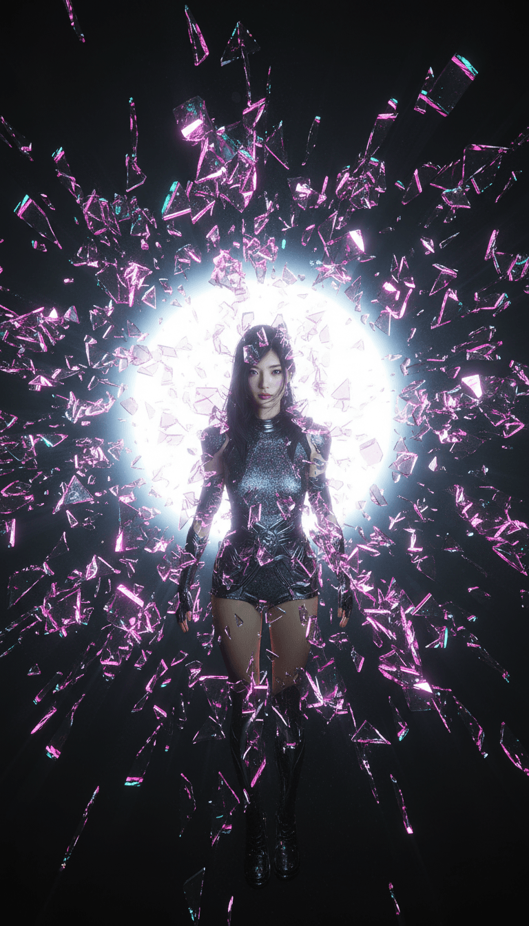 Effetti visivi dinamici sincronizzati con i battiti della musica elettronica, che mostrano estetiche J-Pop brillanti