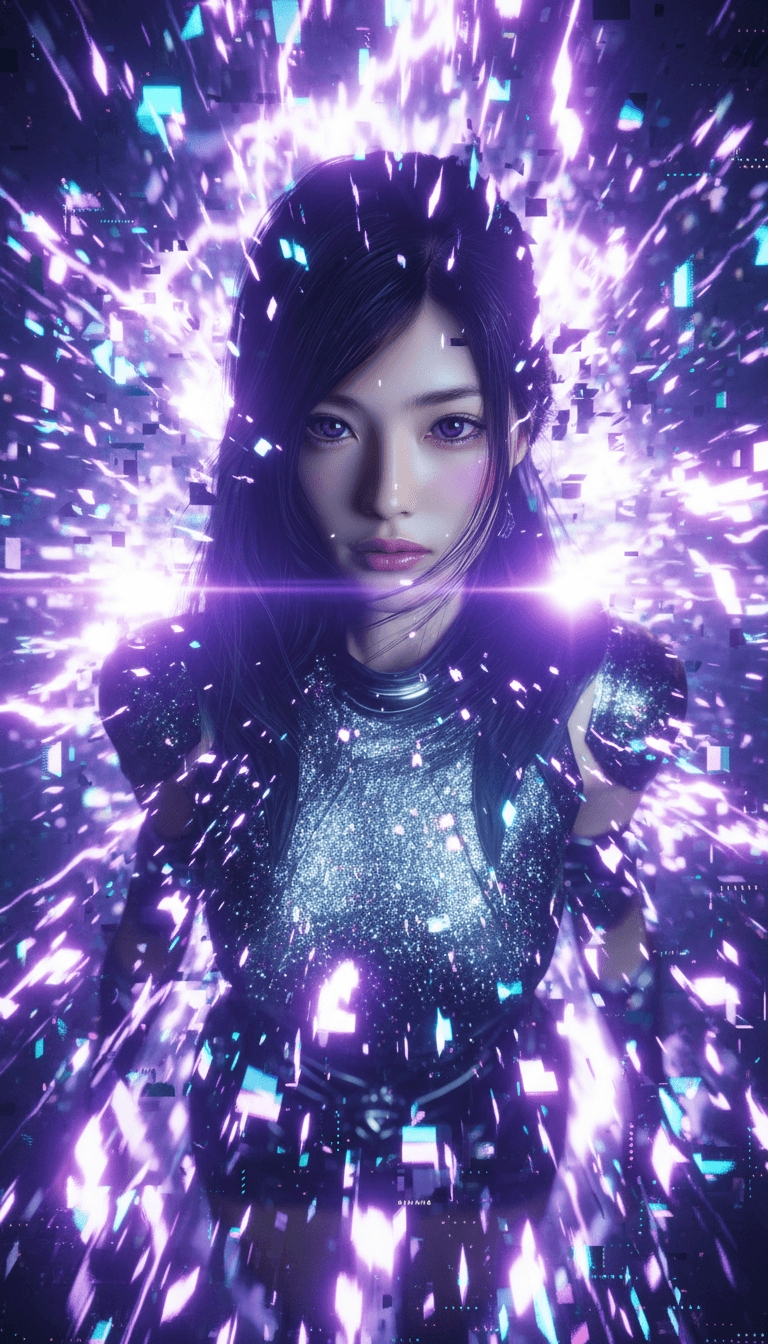 Un'immagine finale di un video musicale generato dall'AI con colori J-Pop vivaci ed elementi elettronici