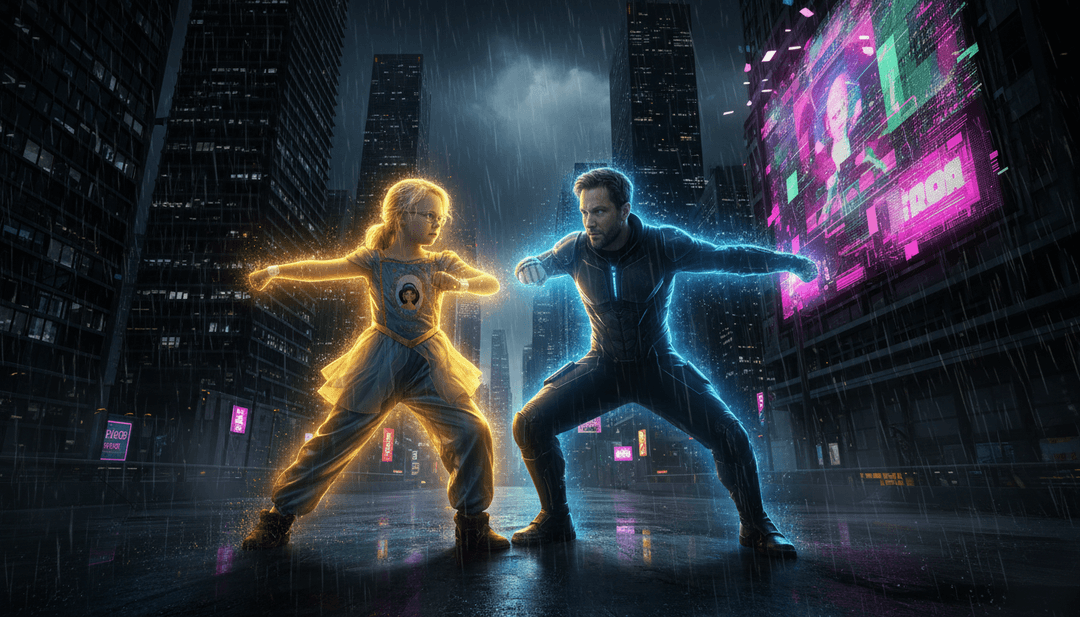 Paisajes urbanos de neón generados por IA y secuencias de baile futuristas sincronizados con el enérgico coro de 'Golden'