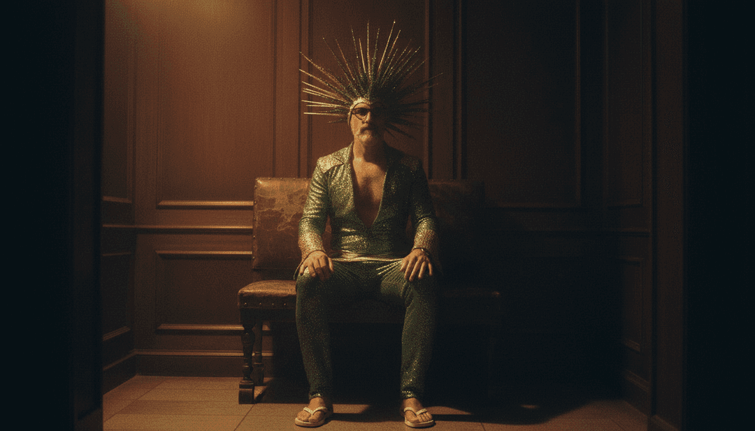 Renato Zero의 'Baratto' 뮤직 비디오의 애니메이션 장면으로, 과장된 물물교환 제스처와 활기찬 타란텔라 춤을 보여줍니다.