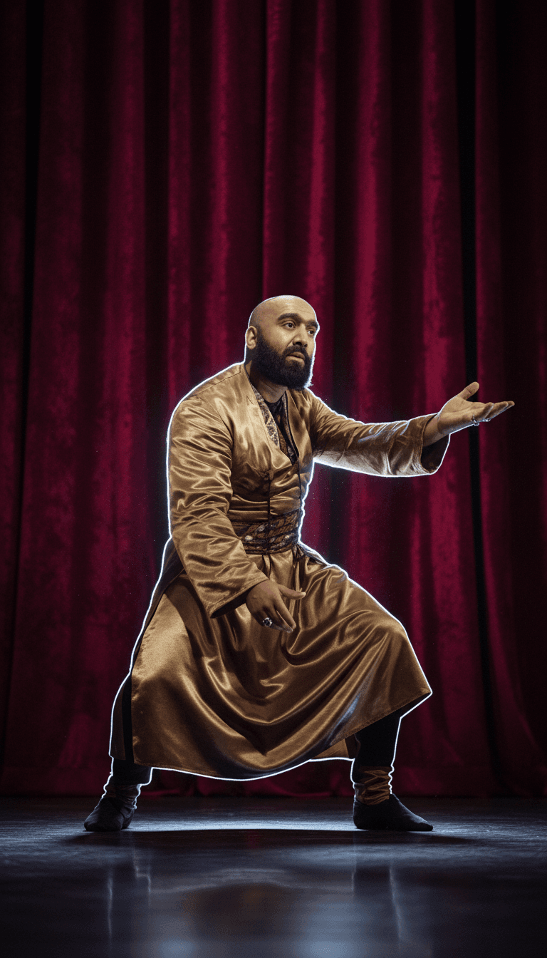 Dynamische Szene, die die Finger eines traditionellen Saz-Spielers zeigt, wie sie Saiten zupfen, mit lebhaften elektronischen Lichtspuren, die vom Instrument ausgehen und in eine futuristische urbane Tanzsequenz übergehen, die die Fusion illustriert.