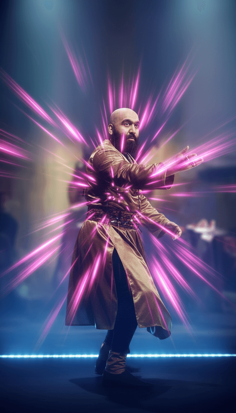 Ein lächelnder Musiker, der auf ein Tablet blickt, das ein fertiges, hochwertiges Musikvideo anzeigt, mit freebeat.ai-Oberflächenelementen im Hintergrund, was kreativen Erfolg und Benutzerermächtigung symbolisiert.