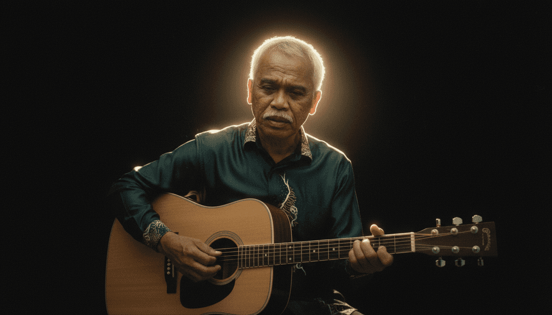 AIが生成するシーン:静かな教室、賢い先生、秋の葉、優しい雨。アコースティックポップバラード'Guru Pencen.mp3'を表現しています。