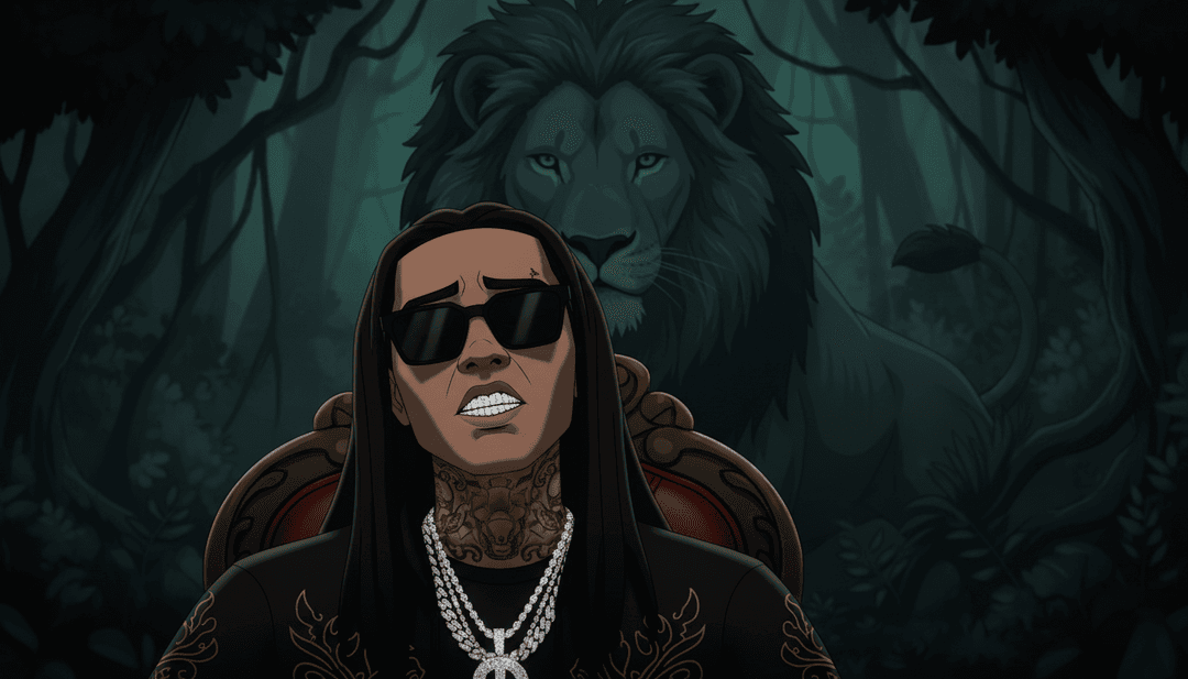 AI 生成的視覺效果,描繪著鬱鬱蔥蔥、霓虹燈閃爍的叢林場景,伴隨著飄渺的煙霧,象徵著「JUNGLE FEVER/DREAM」夢幻而熱烈的 R&B 氛圍。