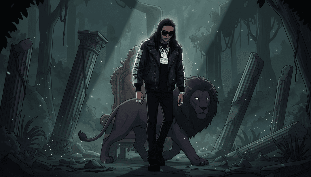 一個分割畫面,顯示聲波轉化為未來感叢林植被中舞動人物的動態發光視覺效果,說明歌曲的轉變。