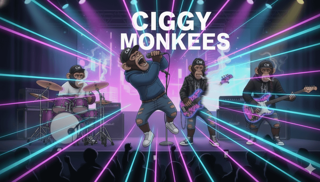 Uma multidão fazendo headbanging ao som de CIGGY MONKEE .mp3 de wiedel8, com visuais vibrantes gerados por IA projetados atrás deles, mostrando as capacidades da freebeat.ai.