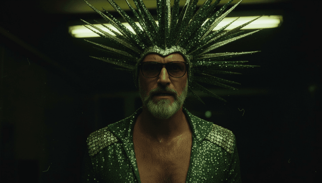 Renato Zero의 'Baratto'를 위한 최종 AI 생성 뮤직 비디오 프레임으로, 공유할 준비가 된 연극적이고 감성적으로 풍부한 장면을 보여줍니다