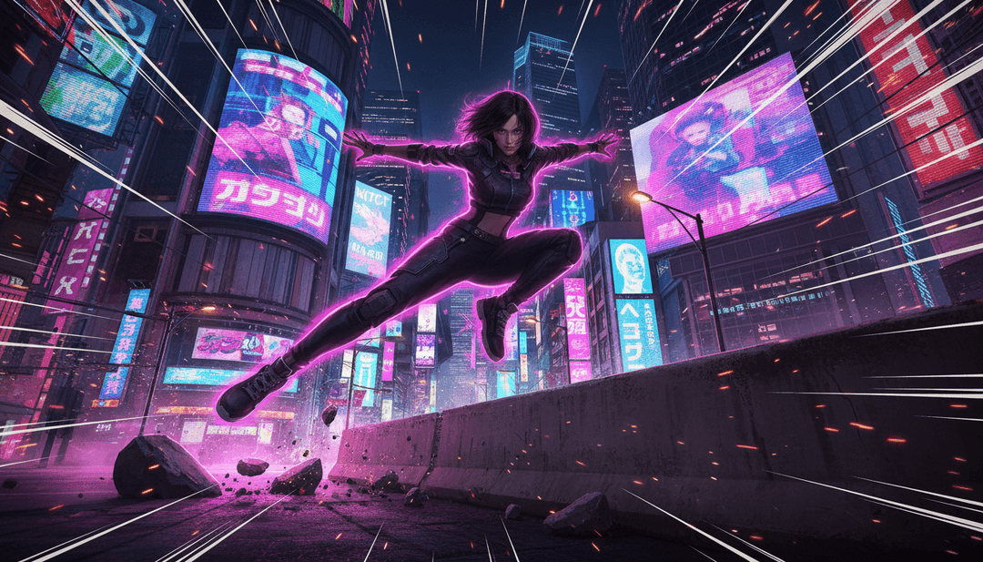 Escenas dinámicas de ondas de energía abstractas, paisajes urbanos y notas musicales brillantes sincronizadas con la música 'Thirty-Two Seconds Magic' de みつじ