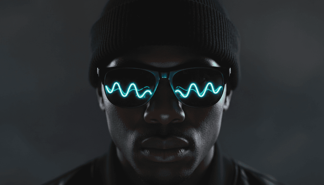 AI 生成的动态音乐视频场景,包括城市景观、抽象发光粒子和与嘻哈节拍同步的充满活力的动态图形,代表 GBS__LEAGUE.mp3。