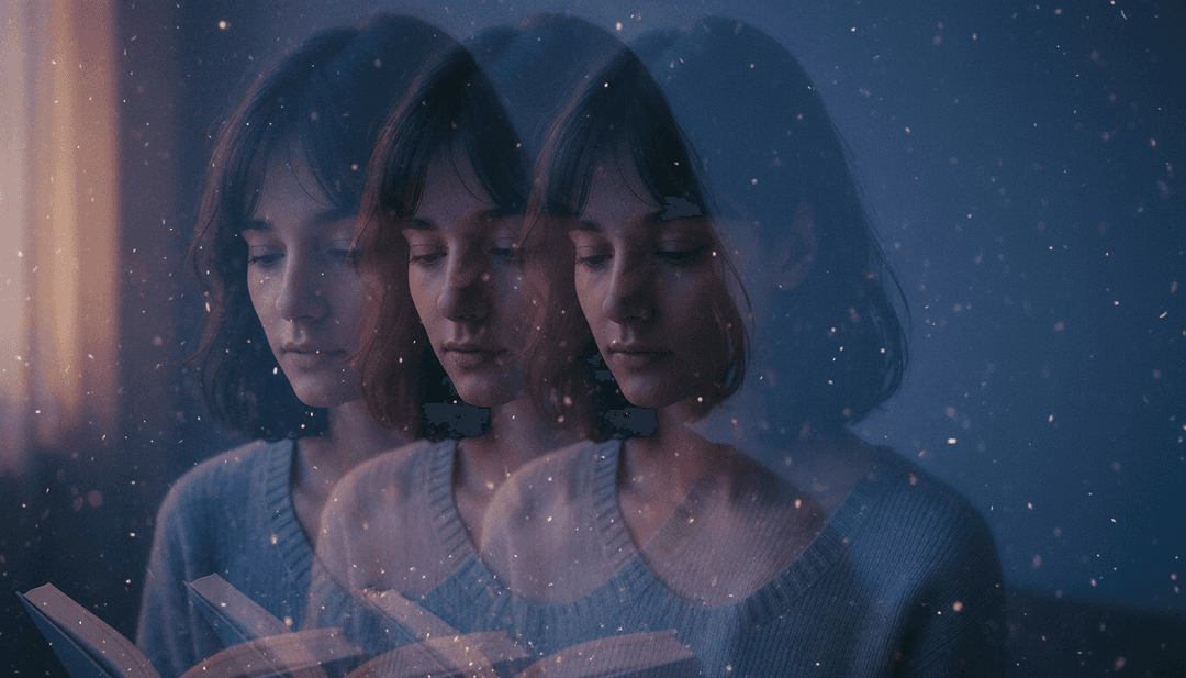 Uma representação abstrata de IA analisando ondas sonoras, partituras e letras de 'Pembaca yang Salah.mp3', com padrões de luz suaves e fluidos.