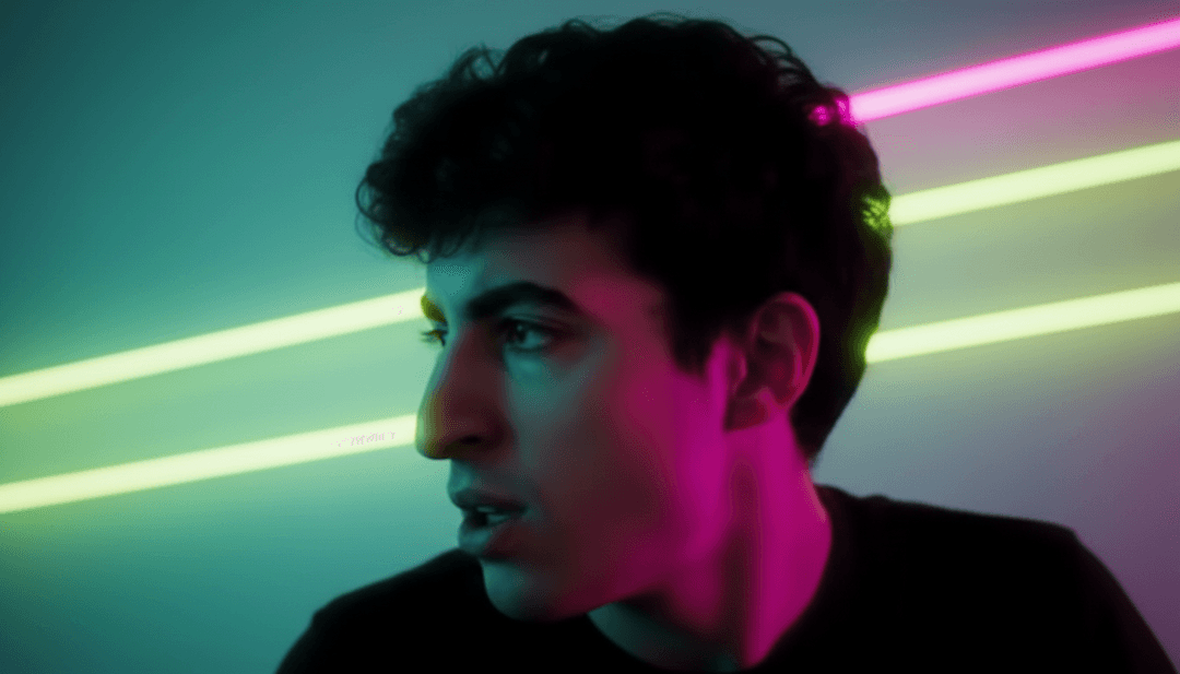 Immagini dinamiche di paesaggi urbani e luci al neon che pulsano in sincrono con la musica dance elettronica di Narigudo Aragão (1).