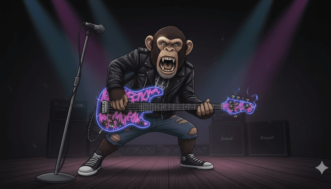एआई CIGGY MONKEE की तीव्र मेटल और हार्डकोर ध्वनि तरंगों की व्याख्या कर रहा है, आक्रामक ड्रम बीट्स और भारी गिटार रिफ्स को कल्पना कर रहा है।