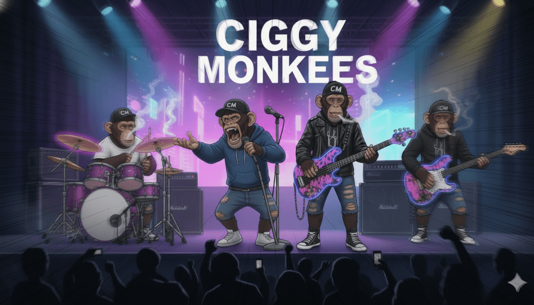 एक थ्रैश मेटल साउंडवेव का एक अमूर्त डिजिटल प्रतिनिधित्व जो नुकीले, आक्रामक दृश्य पैटर्न में बदल रहा है, जो 'CIGGY MONKEE' की freebeat.ai की व्याख्या का प्रतीक है।