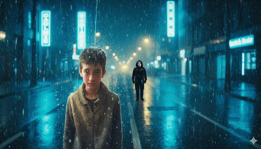 為硬核樂團製作的 AI 生成音樂影片的最後戲劇性鏡頭,展示強烈視覺效果。