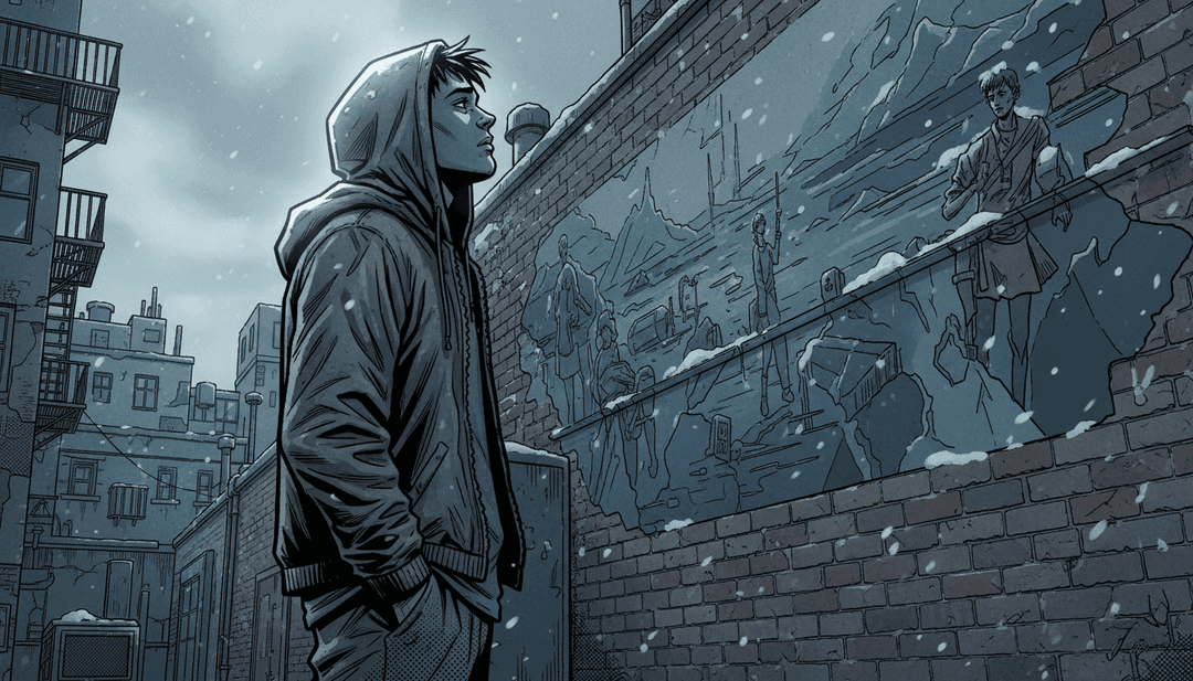 गाने से प्रेरित भावनात्मक और अमूर्त दृश्यों को दर्शाने वाला AI-जनित दृश्य