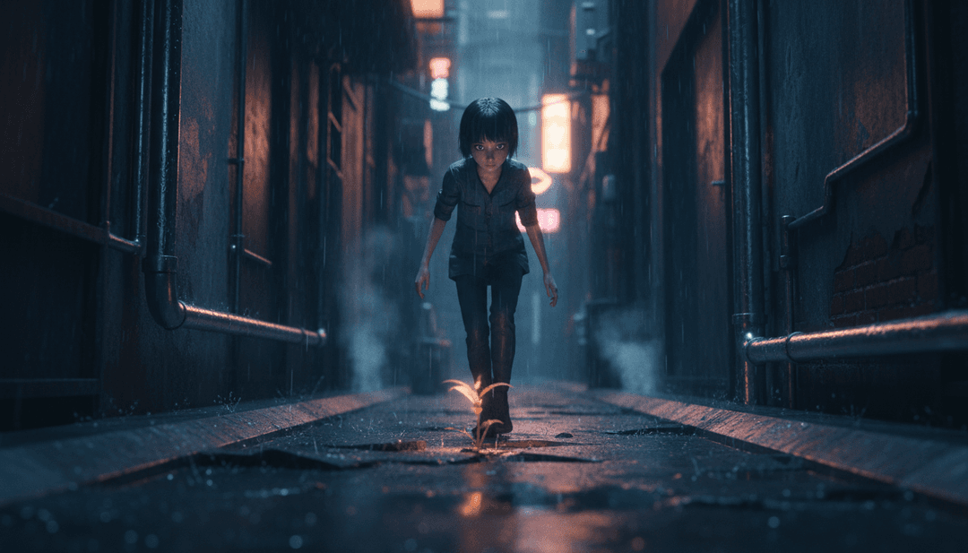 बैंगनी आकाश के नीचे तैरते हुए आकृतियों और छत पर नाचते दृश्यों के दृश्य