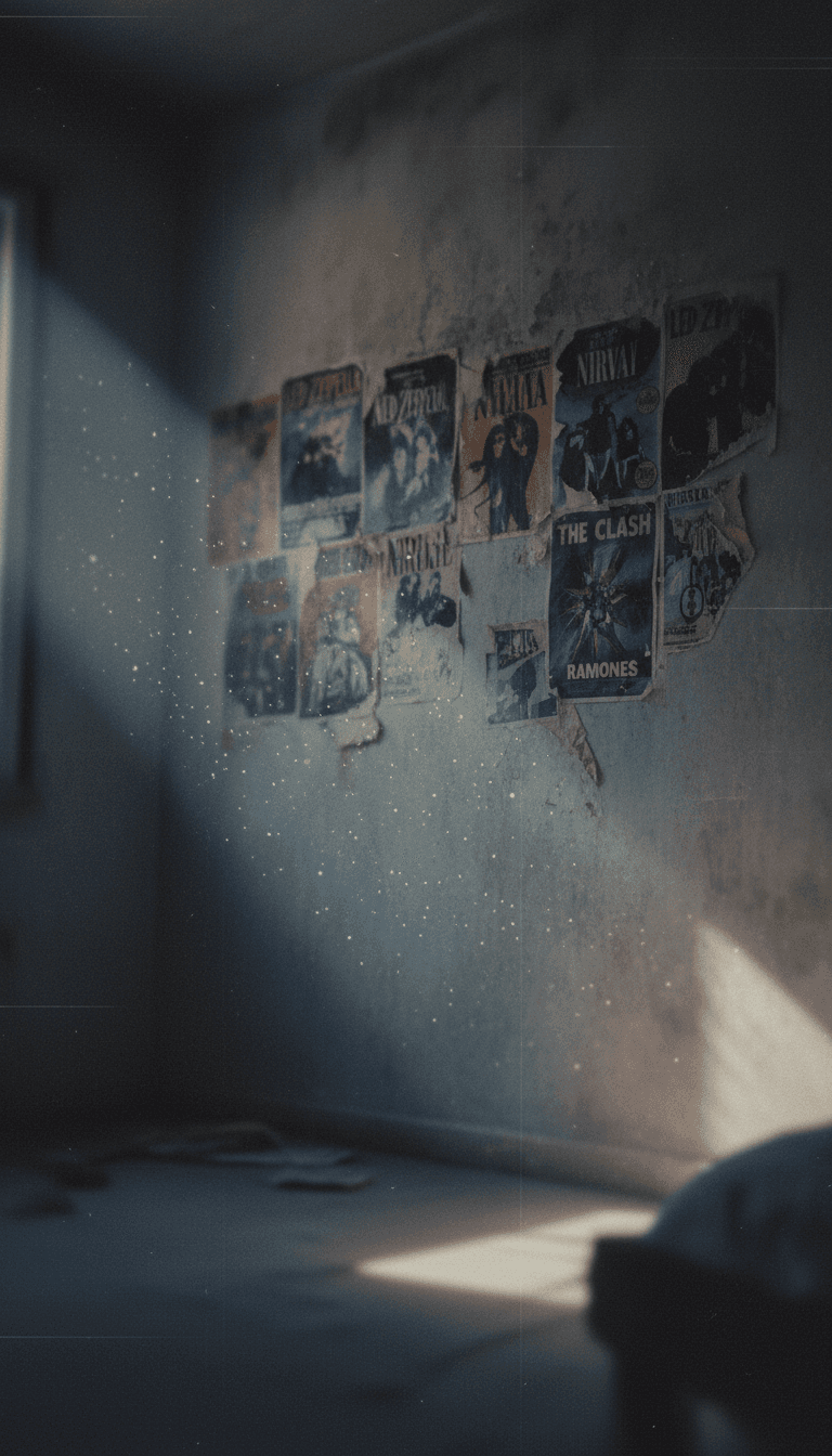 Un paysage numérique abstrait interprétant les ondes sonores de '2000’s' by doomlord33, avec des éléments pop-punk vibrants et nostalgiques comme des graffitis et des affiches de groupes émergeant des données.