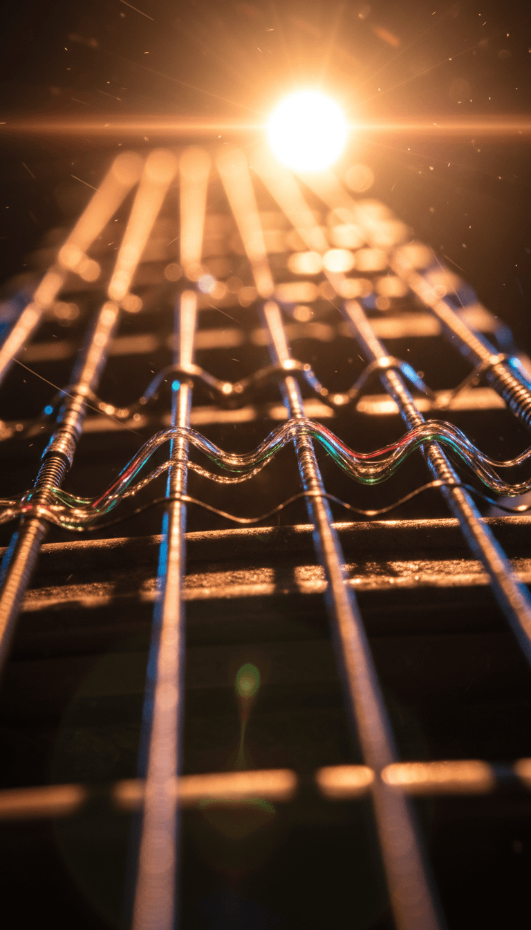 Un collage dynamique montrant une guitare électrique hurlante se transformant en paysages urbains animés, illuminés au néon, et des coupes rapides d'un mosh pit, illustrant le pont énergétique de '2000’s'.