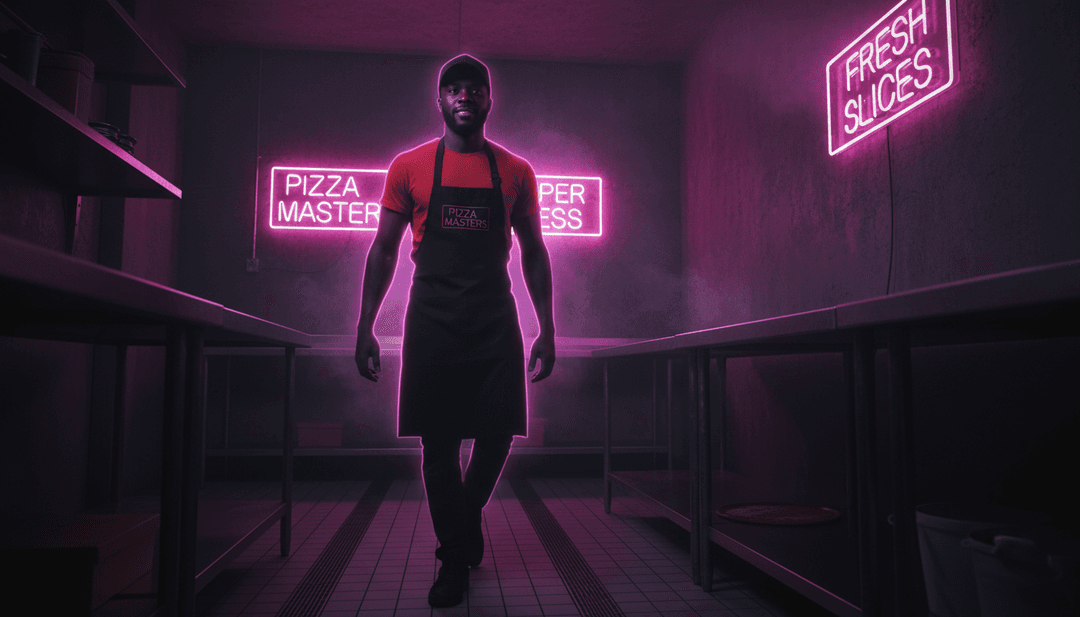 'Pizza Slayer.mp3' के लिए गतिशील AI-जनरेटेड दृश्य, तेज़ कट, शहरी सड़क के दृश्य और जीवंत पिज़्ज़ा-थीम वाले तत्वों को दर्शाते हुए।