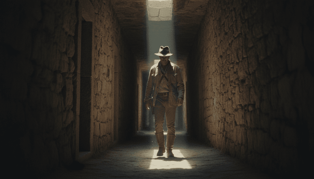 Sequência visual dramática mostrando um canhão disparando, nuvens de poeira, um cavaleiro solitário silhuetado contra uma paisagem acidentada e um close-up de uma guitarra, tudo gerado por IA.