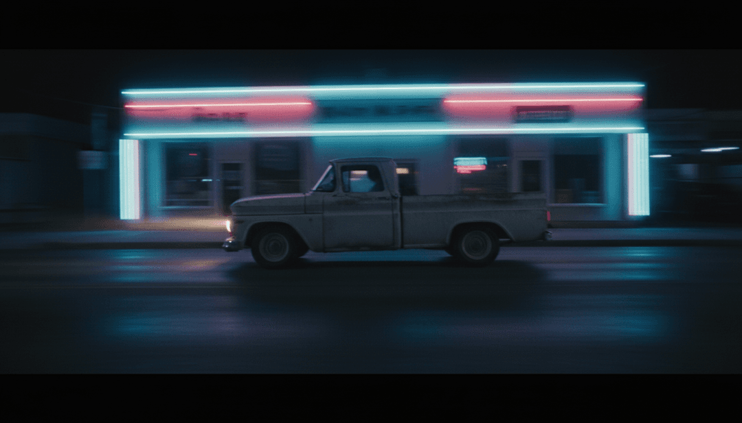 Visuais dinâmicos de um carro clássico potente acelerando em uma rodovia ao entardecer, sincronizados com batidas musicais geradas por IA para "Hell on Highway 9".