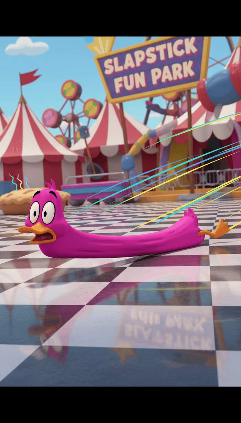 动画场景,显示鸭子伴随 'Ratele vesele.mp3' 音乐跳舞,带有明亮、俏皮的拉丁流行视觉元素,与音频同步。