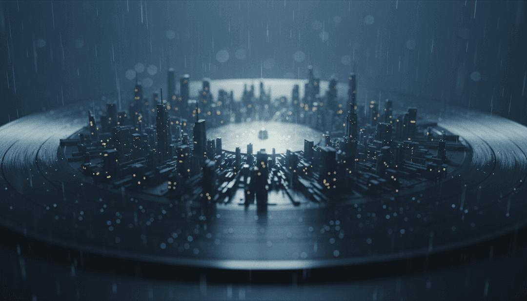 AI 正在分析陷阱歌曲的波形和黑暗、故障的视觉效果,展示数据解读和原始能量。