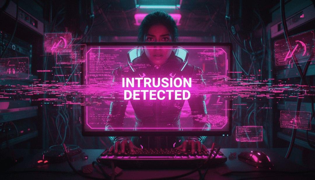 Visualização dinâmica da música 'Code Di Sherni - Darknet India', mostrando dados fluindo, grades de néon e figuras sombrias, demonstrando as capacidades do `MP3 to MP4 Converter` de `freebeat.ai`.