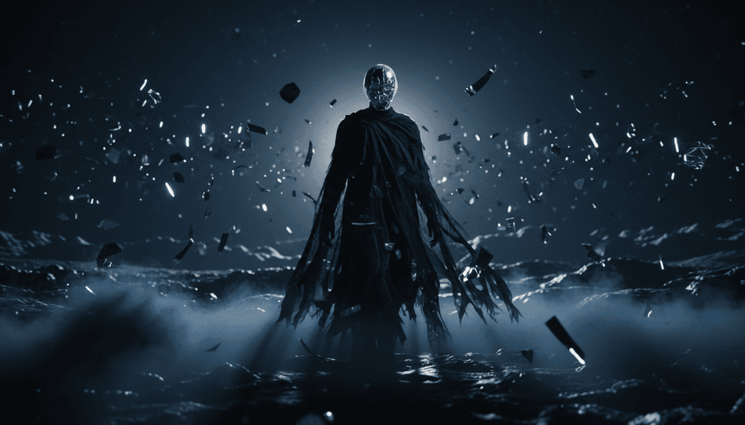 月球暗面的抽象视觉表现,带有金属质感和发光能量,象征着Wermlandia的强力金属之声。