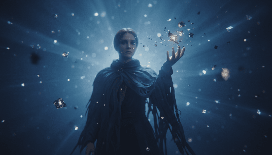 一个动态视觉,展示吉他独奏转化为星光轨迹,背景中有一个天体,代表歌曲的高潮。