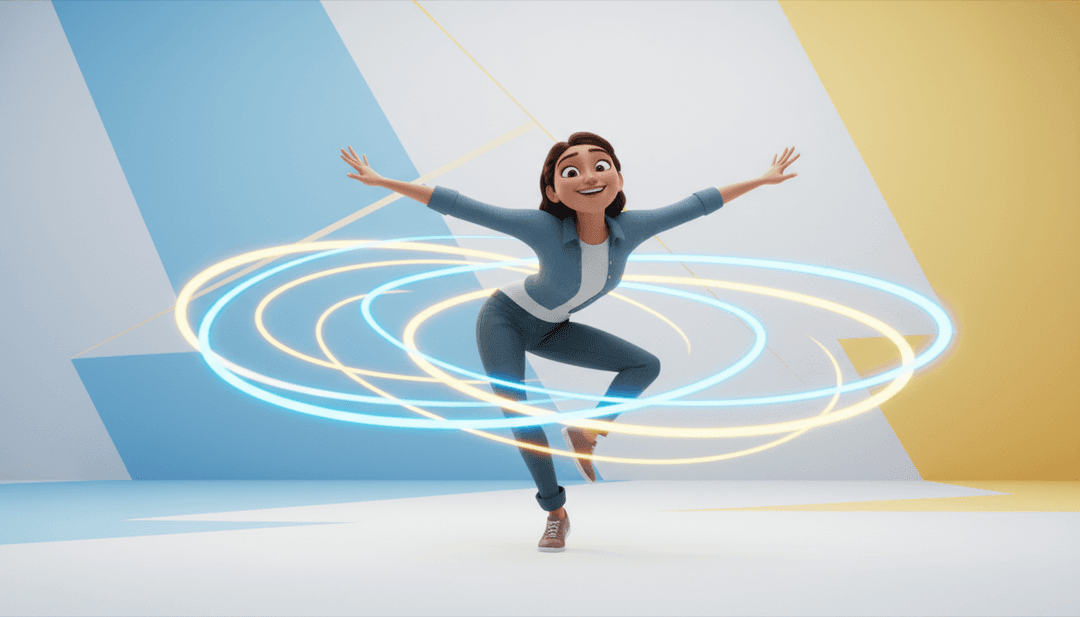 一个充满活力、抽象的视觉表现,魔法声波转化为顽皮的动画角色,暗示着舞曲流行和儿童音乐的乐趣。