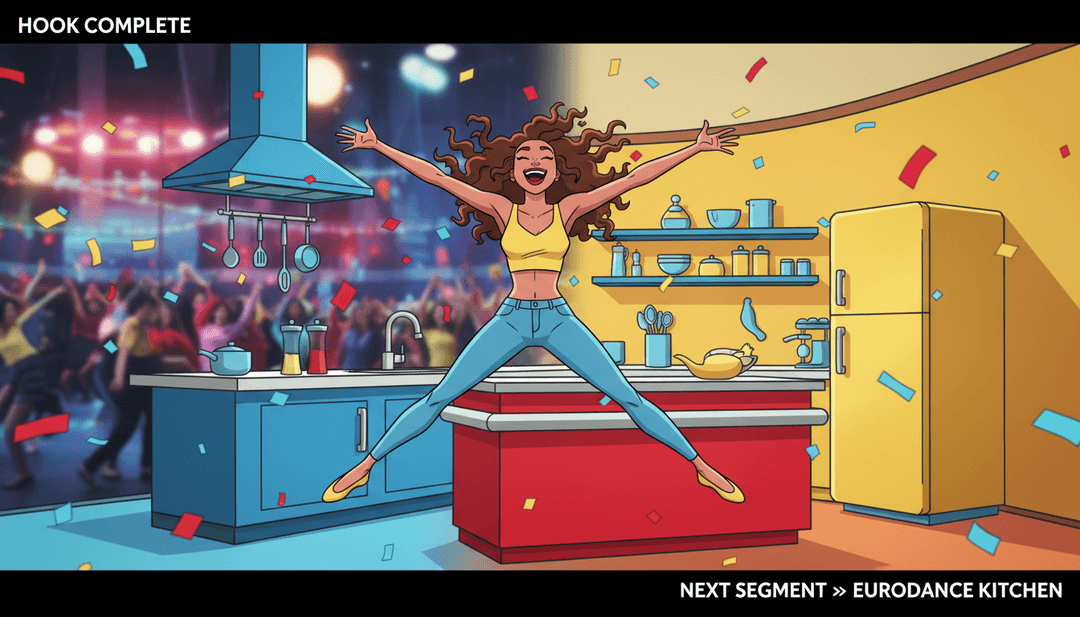 动态视觉展示了合成波转化为发出火花的魔杖,动画儿童在一个色彩斑斓的奇幻景观中跳舞。